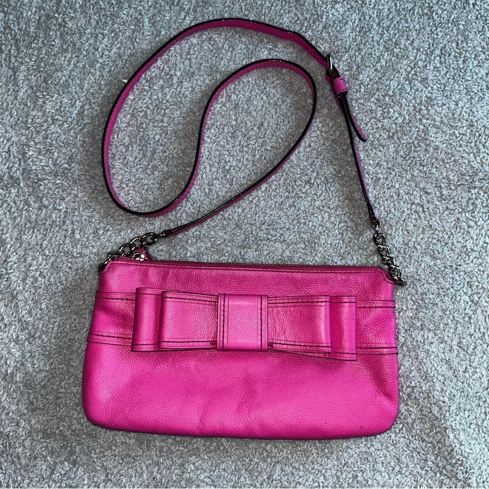 Kate Spade New York Pink Pebbled Leather Bow Crossbody Bag Polka Dot Lining